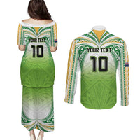 Custom Cook Islands Rugby League Couples Matching Puletasi and Long Sleeve Button Shirt Tatau Tribal Motifs-Light Green Color LT03 - Polynesian Pride