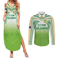 Custom Cook Islands Rugby League Couples Matching Summer Maxi Dress and Long Sleeve Button Shirt Tatau Tribal Motifs-Light Green Color LT03 Green - Polynesian Pride
