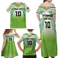 Custom Cook Islands Rugby League Family Matching Off Shoulder Maxi Dress and Hawaiian Shirt Tatau Tribal Motifs-Light Green Color LT03 - Polynesian Pride