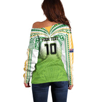 Custom Cook Islands Rugby League Off Shoulder Sweater Tatau Tribal Motifs-Light Green Color LT03 - Polynesian Pride