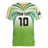 Custom Cook Islands Rugby League Women V-Neck T-Shirt Tatau Tribal Motifs-Light Green Color LT03 - Polynesian Pride