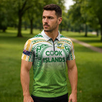 Custom Cook Islands Rugby League Zipper Polo Shirt Tatau Tribal Motifs-Light Green Color LT03 - Polynesian Pride