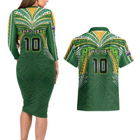 Custom Cook Islands Rugby League Couples Matching Long Sleeve Bodycon Dress and Hawaiian Shirt Tatau Tribal Motifs-Dark Green Color LT03 - Polynesian Pride