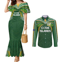 Custom Cook Islands Rugby League Couples Matching Mermaid Dress and Long Sleeve Button Shirt Tatau Tribal Motifs-Dark Green Color LT03 Green - Polynesian Pride