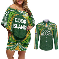 Custom Cook Islands Rugby League Couples Matching Off Shoulder Short Dress and Long Sleeve Button Shirt Tatau Tribal Motifs-Dark Green Color LT03 Green - Polynesian Pride