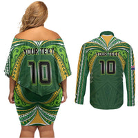 Custom Cook Islands Rugby League Couples Matching Off Shoulder Short Dress and Long Sleeve Button Shirt Tatau Tribal Motifs-Dark Green Color LT03 - Polynesian Pride