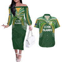 Custom Cook Islands Rugby League Couples Matching Off The Shoulder Long Sleeve Dress and Hawaiian Shirt Tatau Tribal Motifs-Dark Green Color LT03 Green - Polynesian Pride