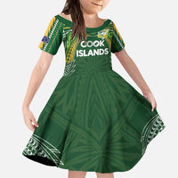 Custom Cook Islands Rugby League Family Matching Long Sleeve Bodycon Dress and Hawaiian Shirt Tatau Tribal Motifs-Dark Green Color LT03 Daughter's Dress Green - Polynesian Pride
