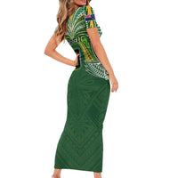 Custom Cook Islands Rugby League Family Matching Short Sleeve Bodycon Dress and Hawaiian Shirt Tatau Tribal Motifs-Dark Green Color LT03 - Polynesian Pride