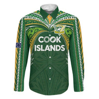 Custom Cook Islands Rugby League Family Matching Tank Maxi Dress and Hawaiian Shirt Tatau Tribal Motifs-Dark Green Color LT03 Dad's Shirt - Long Sleeve Green - Polynesian Pride