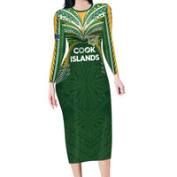 Custom Cook Islands Rugby League Long Sleeve Bodycon Dress Tatau Tribal Motifs-Dark Green Color LT03 Long Dress Green - Polynesian Pride