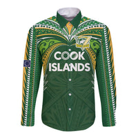 Custom Cook Islands Rugby League Long Sleeve Button Shirt Tatau Tribal Motifs-Dark Green Color LT03 Unisex Green - Polynesian Pride