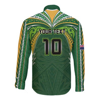 Custom Cook Islands Rugby League Long Sleeve Button Shirt Tatau Tribal Motifs-Dark Green Color LT03 - Polynesian Pride
