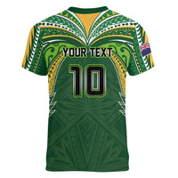 Custom Cook Islands Rugby League Women V-Neck T-Shirt Tatau Tribal Motifs-Dark Green Color LT03 - Polynesian Pride