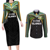 Custom Cook Islands Rugby League Couples Matching Long Sleeve Bodycon Dress and Long Sleeve Button Shirt Tatau Tribal Motifs-Black Color LT03 Black - Polynesian Pride
