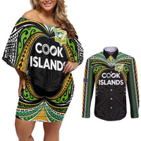 Custom Cook Islands Rugby League Couples Matching Off Shoulder Short Dress and Long Sleeve Button Shirt Tatau Tribal Motifs-Black Color LT03 Black - Polynesian Pride