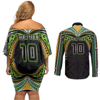 Custom Cook Islands Rugby League Couples Matching Off Shoulder Short Dress and Long Sleeve Button Shirt Tatau Tribal Motifs-Black Color LT03 - Polynesian Pride