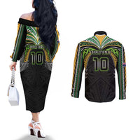 Custom Cook Islands Rugby League Couples Matching Off The Shoulder Long Sleeve Dress and Long Sleeve Button Shirt Tatau Tribal Motifs-Black Color LT03 - Polynesian Pride