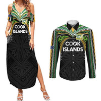 Custom Cook Islands Rugby League Couples Matching Summer Maxi Dress and Long Sleeve Button Shirt Tatau Tribal Motifs-Black Color LT03 Black - Polynesian Pride