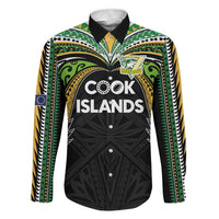 Custom Cook Islands Rugby League Family Matching Off Shoulder Short Dress and Hawaiian Shirt Tatau Tribal Motifs-Black Color LT03 Dad's Shirt - Long Sleeve Black - Polynesian Pride