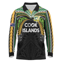 Custom Cook Islands Rugby League Long Sleeve Polo Shirt Tatau Tribal Motifs-Black Color LT03 Black - Polynesian Pride