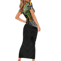 Custom Cook Islands Rugby League Short Sleeve Bodycon Dress Tatau Tribal Motifs-Black Color LT03 - Polynesian Pride