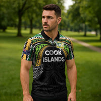 Custom Cook Islands Rugby League Zipper Polo Shirt Tatau Tribal Motifs-Black Color LT03 - Polynesian Pride