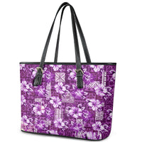Hawaiian Quilt Pattern Leather Tote Bag Hibiscus and Tribal Element Vintage Purple Vibe LT03 - Polynesian Pride