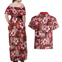 Hawaiian Quilt Pattern Couples Matching Off Shoulder Maxi Dress and Hawaiian Shirt Hibiscus and Tribal Element Vintage Red Vibe LT03 - Polynesian Pride