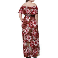 Hawaiian Quilt Pattern Family Matching Off Shoulder Maxi Dress and Hawaiian Shirt Hibiscus and Tribal Element Vintage Red Vibe LT03 - Polynesian Pride