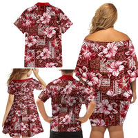 Hawaiian Quilt Pattern Family Matching Off Shoulder Short Dress and Hawaiian Shirt Hibiscus and Tribal Element Vintage Red Vibe LT03 - Polynesian Pride