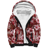 Hawaiian Quilt Pattern Sherpa Hoodie Hibiscus and Tribal Element Vintage Red Vibe LT03 Unisex Red - Polynesian Pride