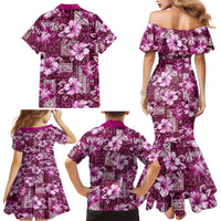 Hawaiian Quilt Pattern Family Matching Mermaid Dress and Hawaiian Shirt Hibiscus and Tribal Element Vintage Pink Vibe LT03 - Polynesian Pride