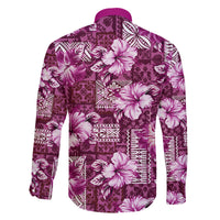 Hawaiian Quilt Pattern Family Matching Off Shoulder Long Sleeve Dress and Hawaiian Shirt Hibiscus and Tribal Element Vintage Pink Vibe LT03 - Polynesian Pride