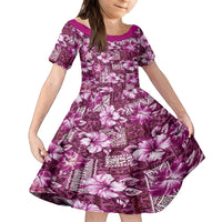 Hawaiian Quilt Pattern Family Matching Off Shoulder Maxi Dress and Hawaiian Shirt Hibiscus and Tribal Element Vintage Pink Vibe LT03 Daughter's Dress Pink - Polynesian Pride