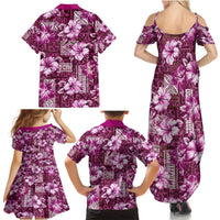 Hawaiian Quilt Pattern Family Matching Summer Maxi Dress and Hawaiian Shirt Hibiscus and Tribal Element Vintage Pink Vibe LT03 - Polynesian Pride