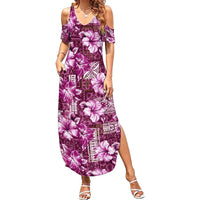 Hawaiian Quilt Pattern Summer Maxi Dress Hibiscus and Tribal Element Vintage Pink Vibe LT03 Women Pink - Polynesian Pride