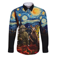 New Zealand and Australia ANZAC Day Family Matching Off Shoulder Short Dress and Hawaiian Shirt Kiwi Bird and Kangaroo Soldier Starry Night Style LT03 Dad's Shirt - Long Sleeve Black - Polynesian Pride