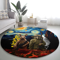 New Zealand and Australia ANZAC Day Round Carpet Kiwi Bird and Kangaroo Soldier Starry Night Style LT03 - Polynesian Pride
