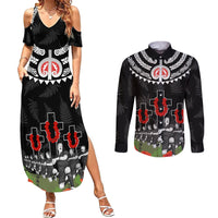 New Zealand ANZAC Day Couples Matching Summer Maxi Dress and Long Sleeve Button Shirt Lest We Forget Haka Dance Respect LT03 Black - Polynesian Pride