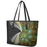 New Zealand Leather Tote Bag Koru Abstract Art and Silver Fern Maori Pattern