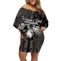 Custom New Zealand Women's Day Family Matching Off Shoulder Short Dress and Hawaiian Shirt Maori Tribal Girl and Silver Fern Pattern LT03 Mom's Dress Black - Polynesian Pride