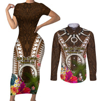 Vanuatu Selebretem 44th Indipendens Dei Couples Matching Short Sleeve Bodycon Dress and Long Sleeve Button Shirt Yumi Pig Tusk and Namele Fern LT03 Brown - Polynesian Pride