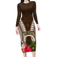 Vanuatu Selebretem 44th Indipendens Dei Long Sleeve Bodycon Dress Yumi Pig Tusk and Namele Fern LT03 Long Dress Brown - Polynesian Pride