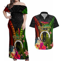 Vanuatu Independence Day Couples Matching Off Shoulder Maxi Dress and Hawaiian Shirt Tugeta Yumi Selebretem Indipendens Dei LT03 Black - Polynesian Pride