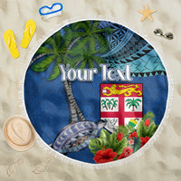 Personalised Fiji Independence Day Beach Blanket Fijian Coat of Arms Palm and Hibiscus Tapa Pattern LT03 One Size 150cm Blue - Polynesian Pride