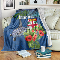 Personalised Fiji Independence Day Blanket Fijian Coat of Arms Palm and Hibiscus Tapa Pattern LT03 Blue - Polynesian Pride