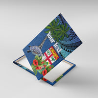Personalised Fiji Independence Day Canvas Wall Art Fijian Coat of Arms Palm and Hibiscus Tapa Pattern LT03 With Frame Blue - Polynesian Pride