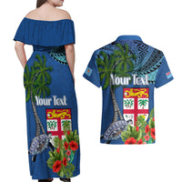 Personalised Fiji Independence Day Couples Matching Off Shoulder Maxi Dress and Hawaiian Shirt Fijian Coat of Arms Palm and Hibiscus Tapa Pattern LT03 - Polynesian Pride