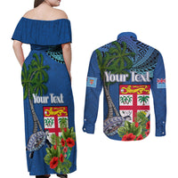 Personalised Fiji Independence Day Couples Matching Off Shoulder Maxi Dress and Long Sleeve Button Shirt Fijian Coat of Arms Palm and Hibiscus Tapa Pattern LT03 - Polynesian Pride